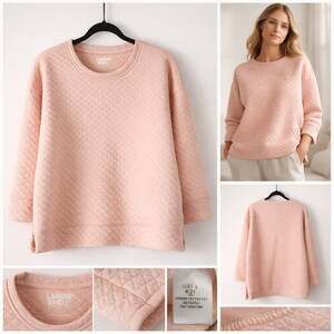 Lands' End Women's Quilted Crewneck Sweatshirt Pink Size L (14-16)